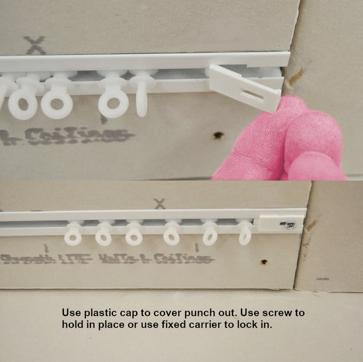Recessed curtain track end piece