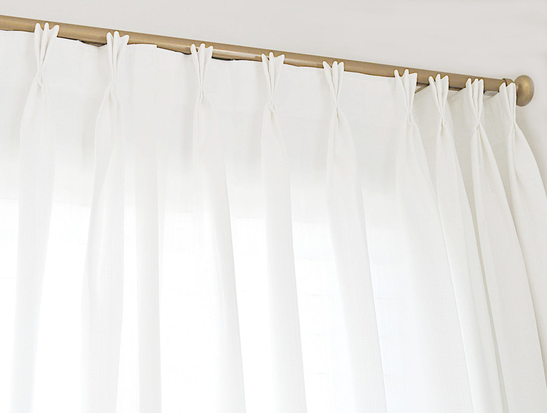 Triple pleat faux linen white curtain panel