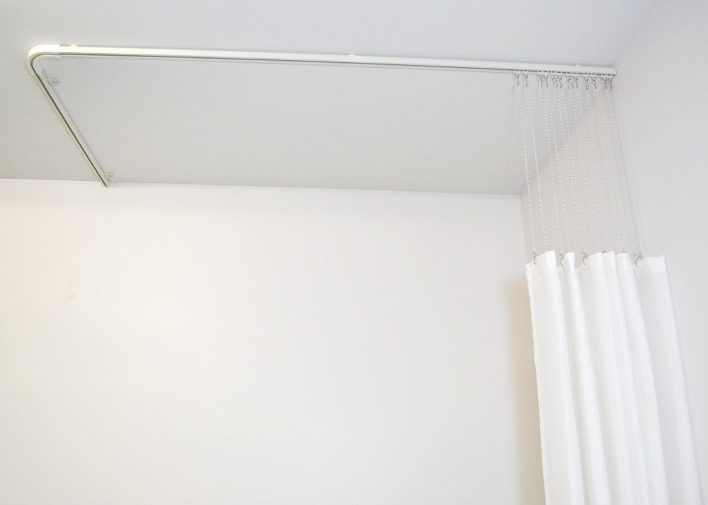 stacked shower curtain with white drop chains